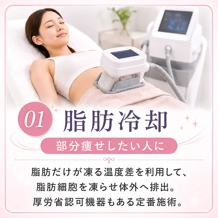 01 脂肪冷却(部分痩せしたい人に):脂肪だけが凍る温度差を利用して、脂肪細胞を凍らせ体外へ排出。厚労省認可機器もある定番施術